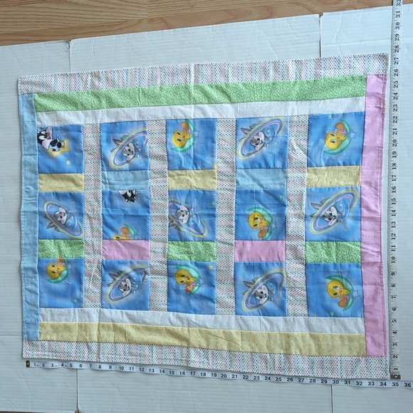 Vintage 90's Reversible Patchwork Looney Tunes Characters Baby Blanket Blue Pink - Picture 16 of 16